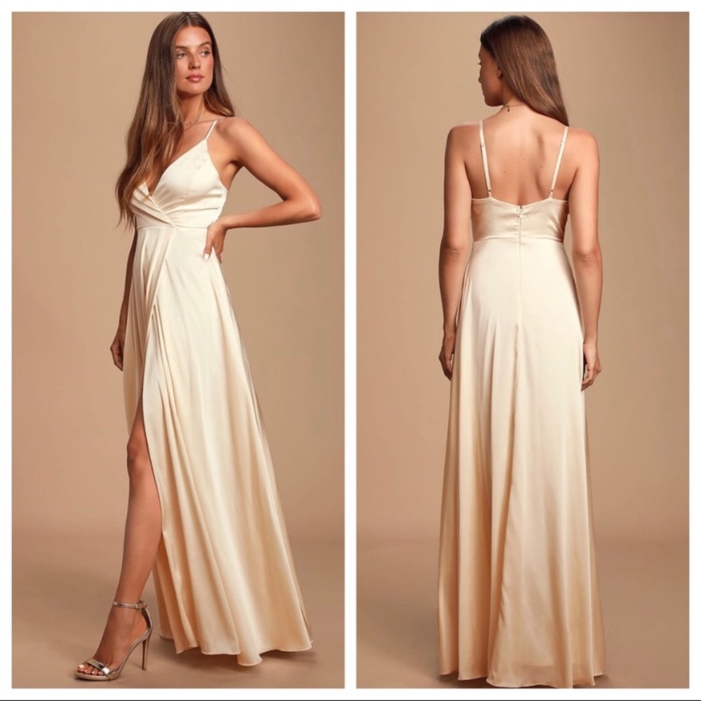 Lulus Ode To Love Champagne Satin Maxi Dress NWT